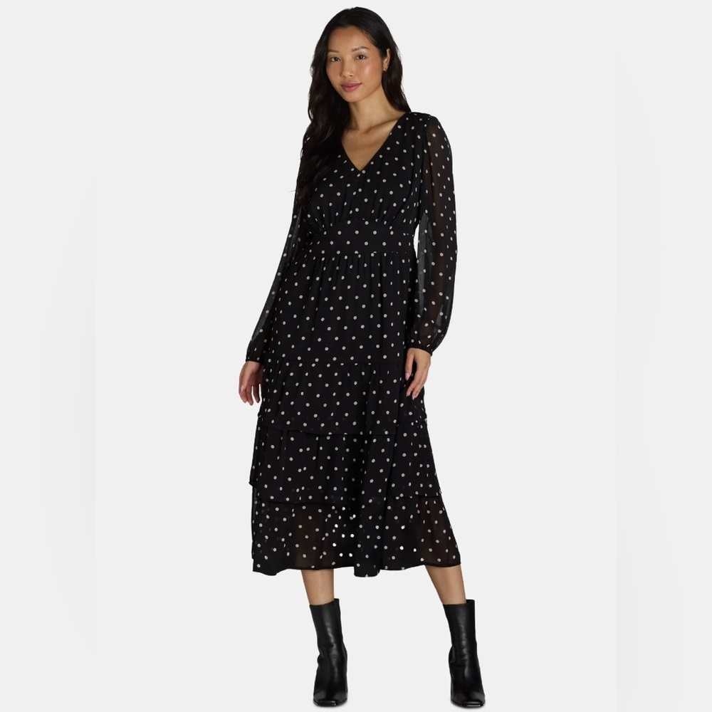 Time and Tru Black Long Sleeve Womens Dress with White Dots Size Small 4/6